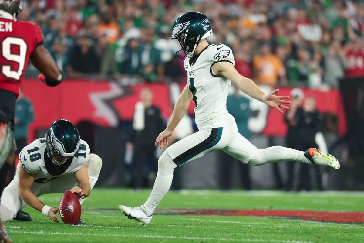 Jan 15, 2024; Tampa, Florida, USA; Philadelphia Eagles place kicker Jake Elliott (4) kicks a field goal against the Tampa Bay Buccaneers during the first half of a 2024 NFC wild card game at Raymond James Stadium.