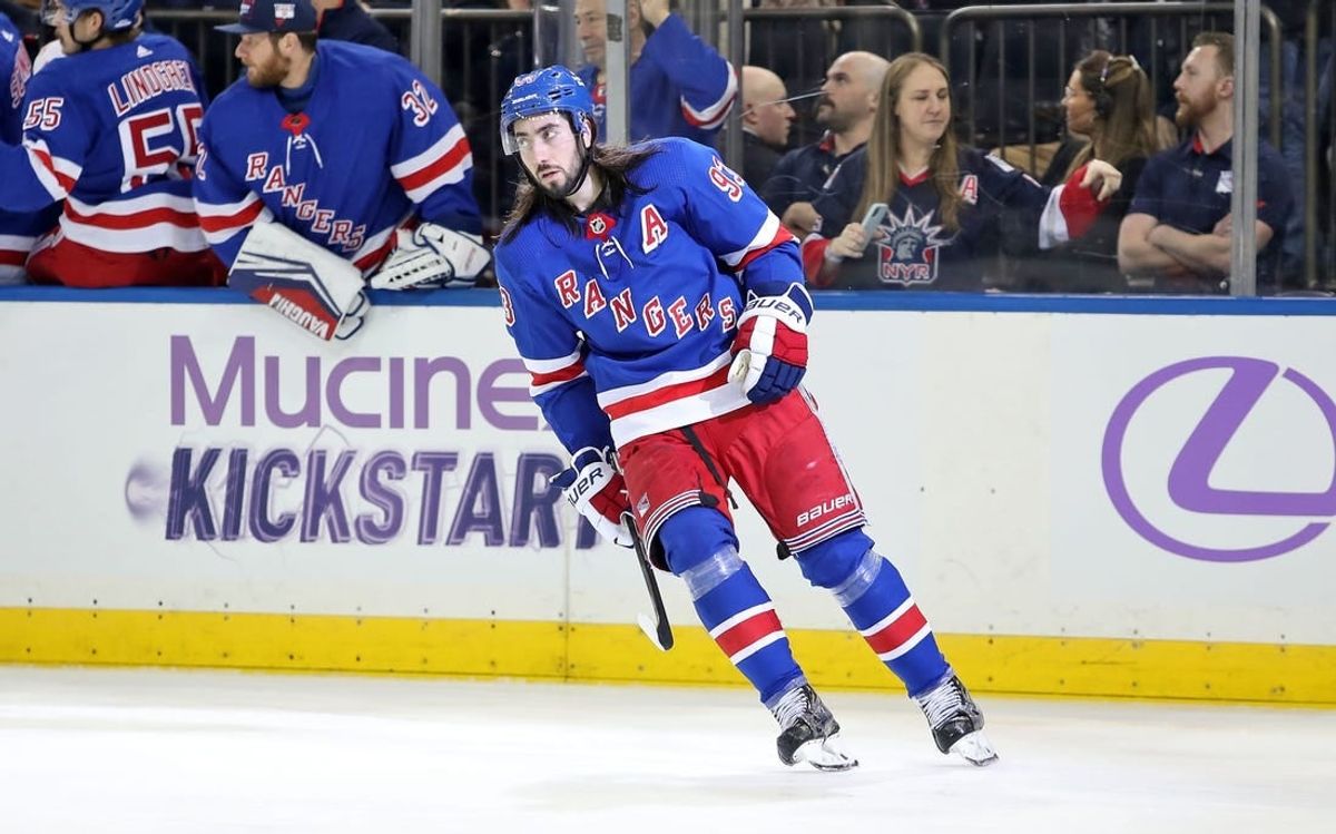 Nov 27, 2023; New York, New York, USA; New York Rangers center Mika Zibanejad (93) celebrates a goal against the Buffalo Sabres during the third period at Madison Square Garden.