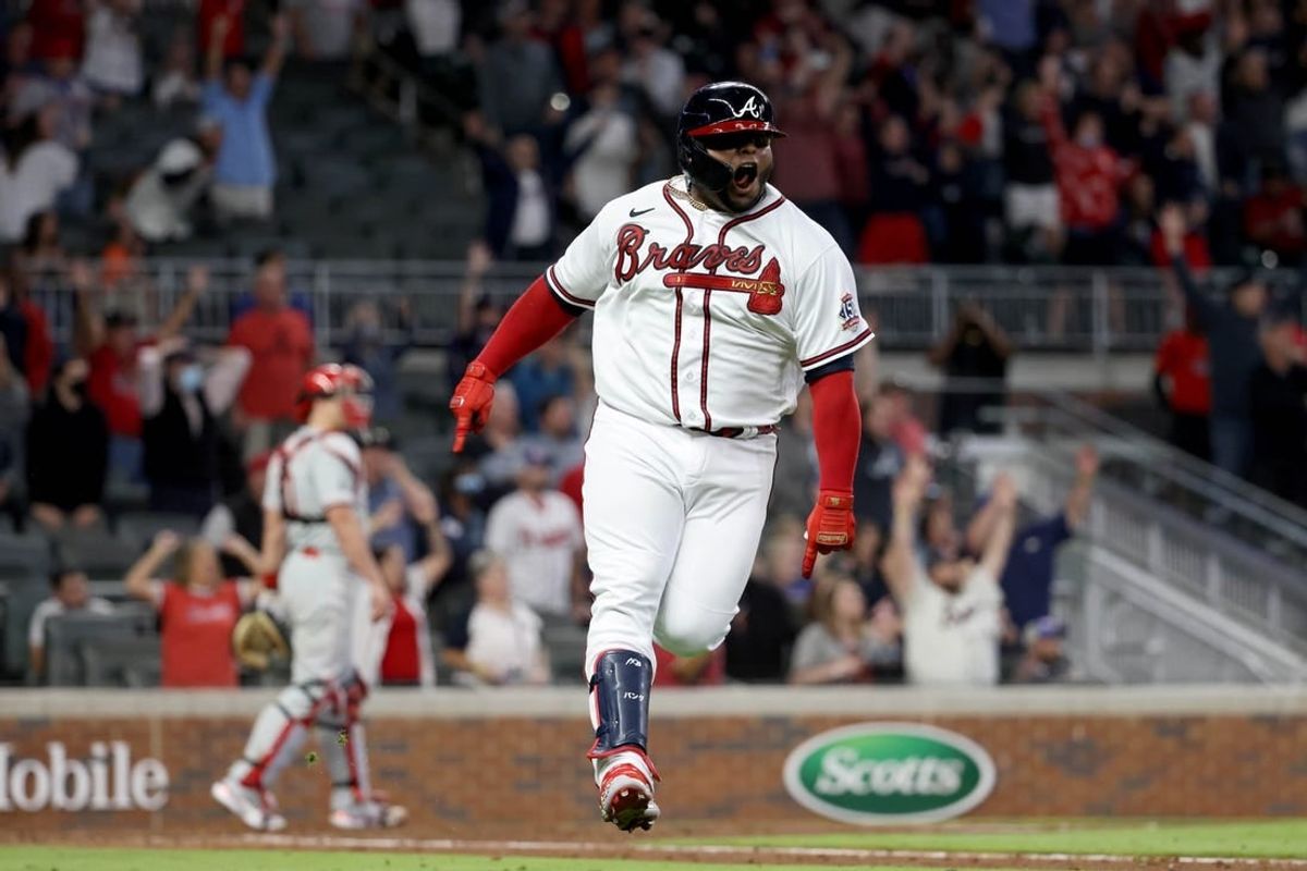 May 8, 2021; Atlanta, Georgia, USA; Atlanta Braves third baseman Pablo Sandoval (48) reacts after hitting a two run home run during the ninth inning against the Philadelphia Phillies at Truist Park.