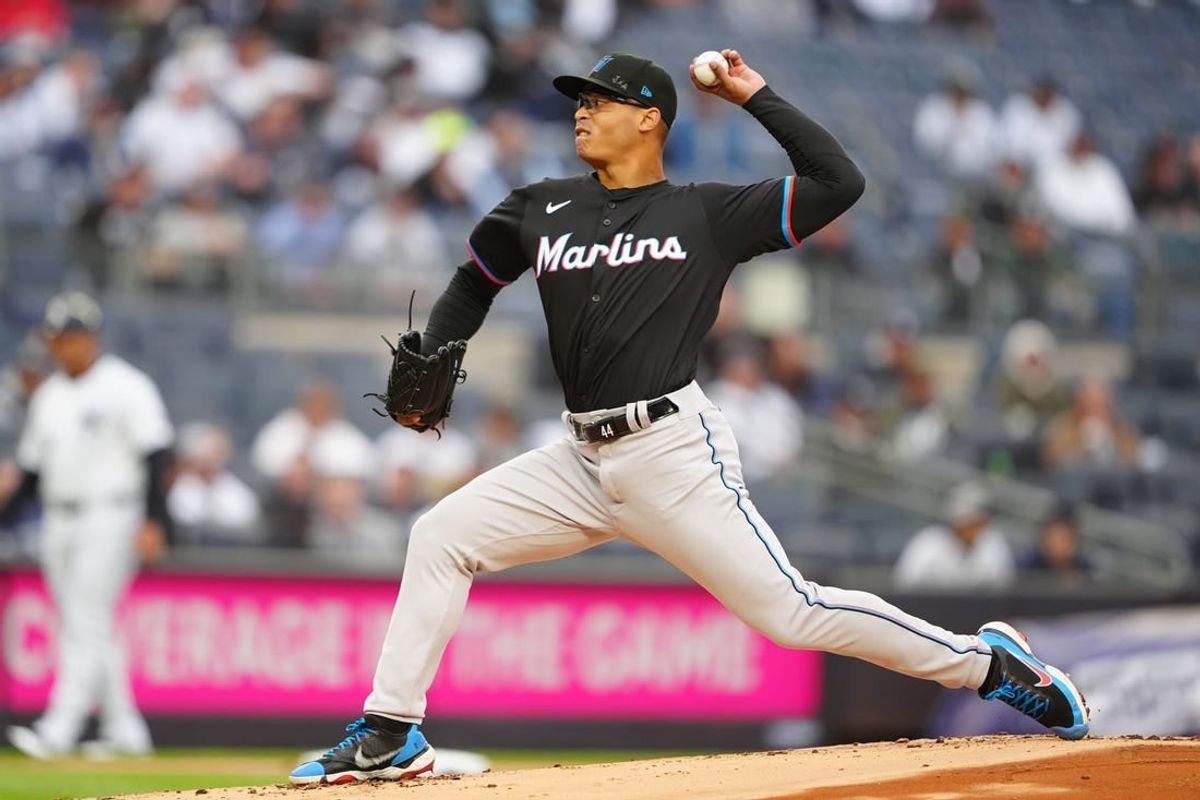 Apr 8, 2024; Bronx, New York, USA; Miami Marlins pitcher Jesus Luzardo (44) delivers a pitch against the New York Yankees during the first inning at Yankee Stadium.