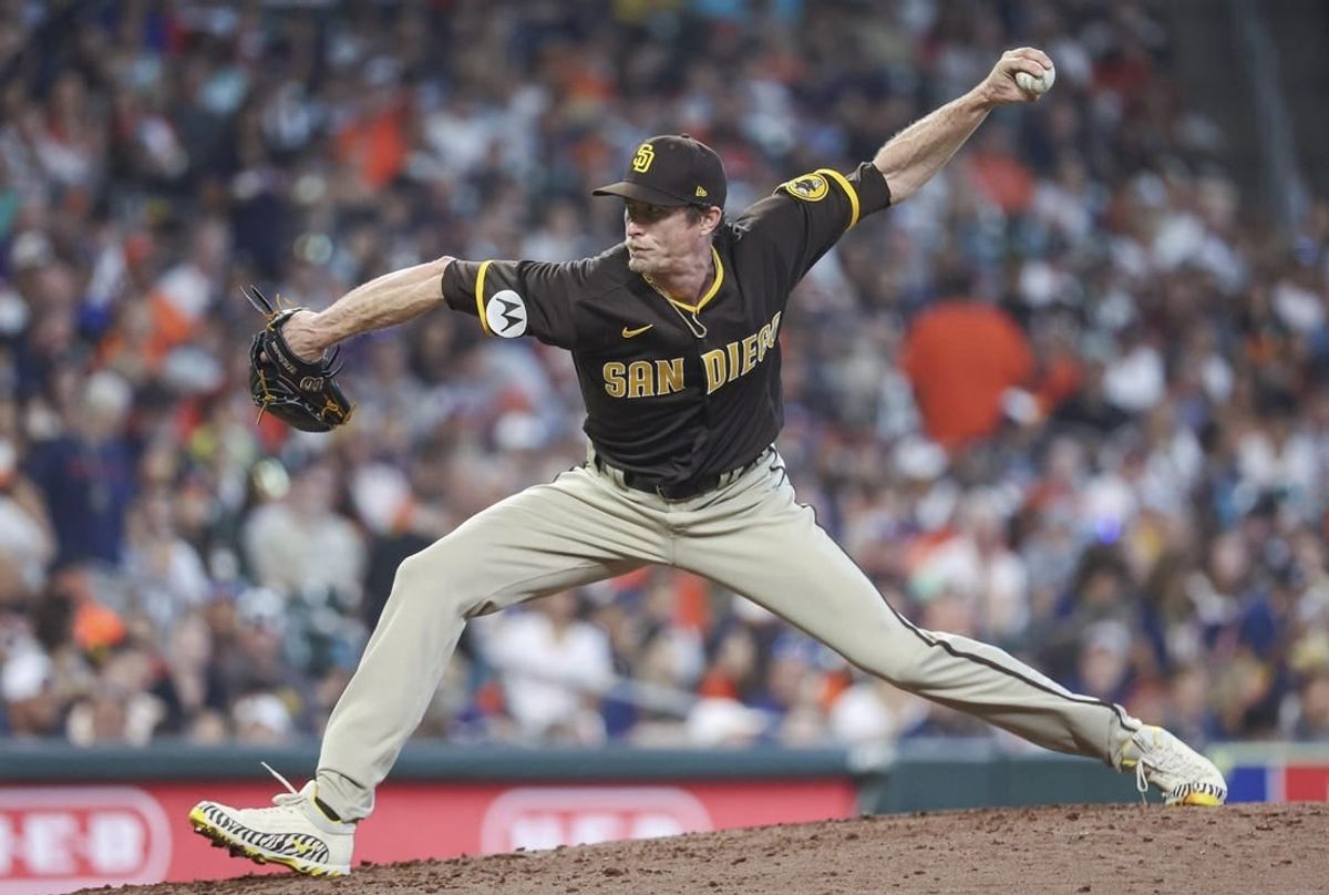 Sep 10, 2023; Houston, Texas, USA; San Diego Padres relief pitcher Tim Hill (25) delivers a pitch during the sixth inning against the Houston Astros at Minute Maid Park.