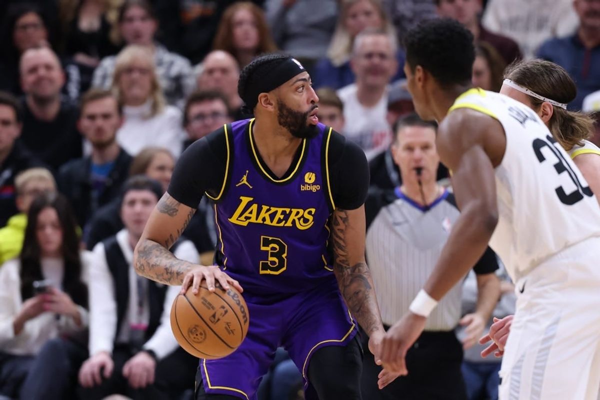 Jan 13, 2024; Salt Lake City, Utah, USA; Los Angeles Lakers forward Anthony Davis (3) looks to shoot against the Utah Jazz during the third quarter at Delta Center.