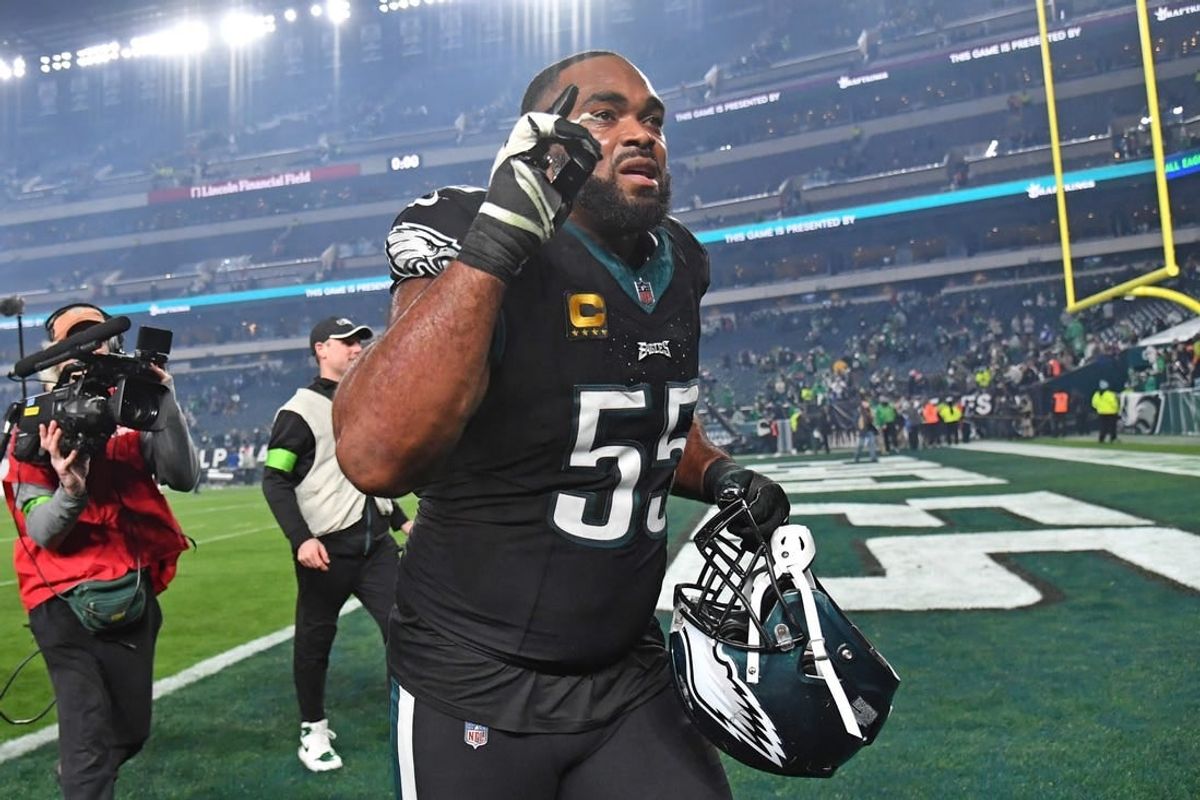 Dec 25, 2023; Philadelphia, Pennsylvania, USA; Philadelphia Eagles defensive end Brandon Graham (55) runs off the field after win against the New York Giants at Lincoln Financial Field.