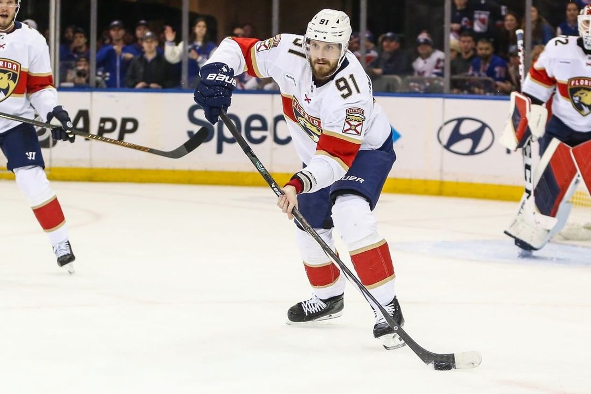 Mar 4, 2024; New York, New York, USA;  Florida Panthers defenseman Oliver Ekman-Larsson (91) controls the puck in the third period against the New York Rangers at Madison Square Garden.