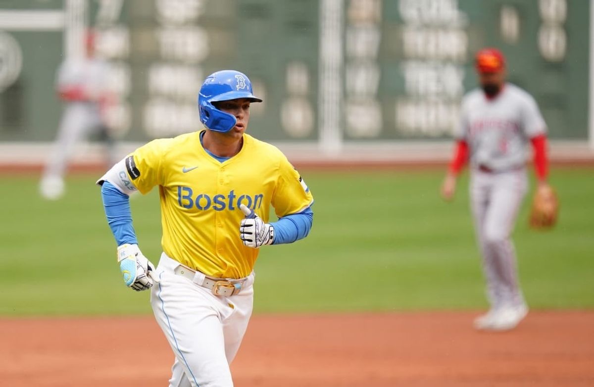 Apr 14, 2024; Boston, Massachusetts, USA; Boston Red Sox first baseman Triston Casas (36) rounds the bases after hitting a home run against tech Los Angeles Angels in the first inning at Fenway Park.