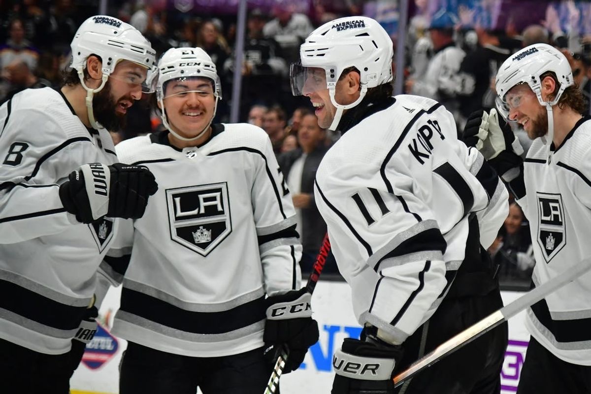 Nov 24, 2023; Anaheim, California, USA; Los Angeles Kings center Anze Kopitar (11) celebrates his goal scored against the Anaheim Ducks during the third period at Honda Center.