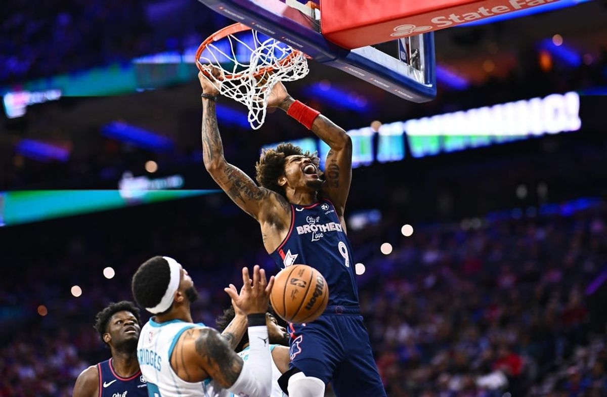 Mar 16, 2024; Philadelphia, Pennsylvania, USA; Philadelphia 76ers guard Kelly Oubre Jr (9) dunks against the Charlotte Hornets in the first quarter at Wells Fargo Center.