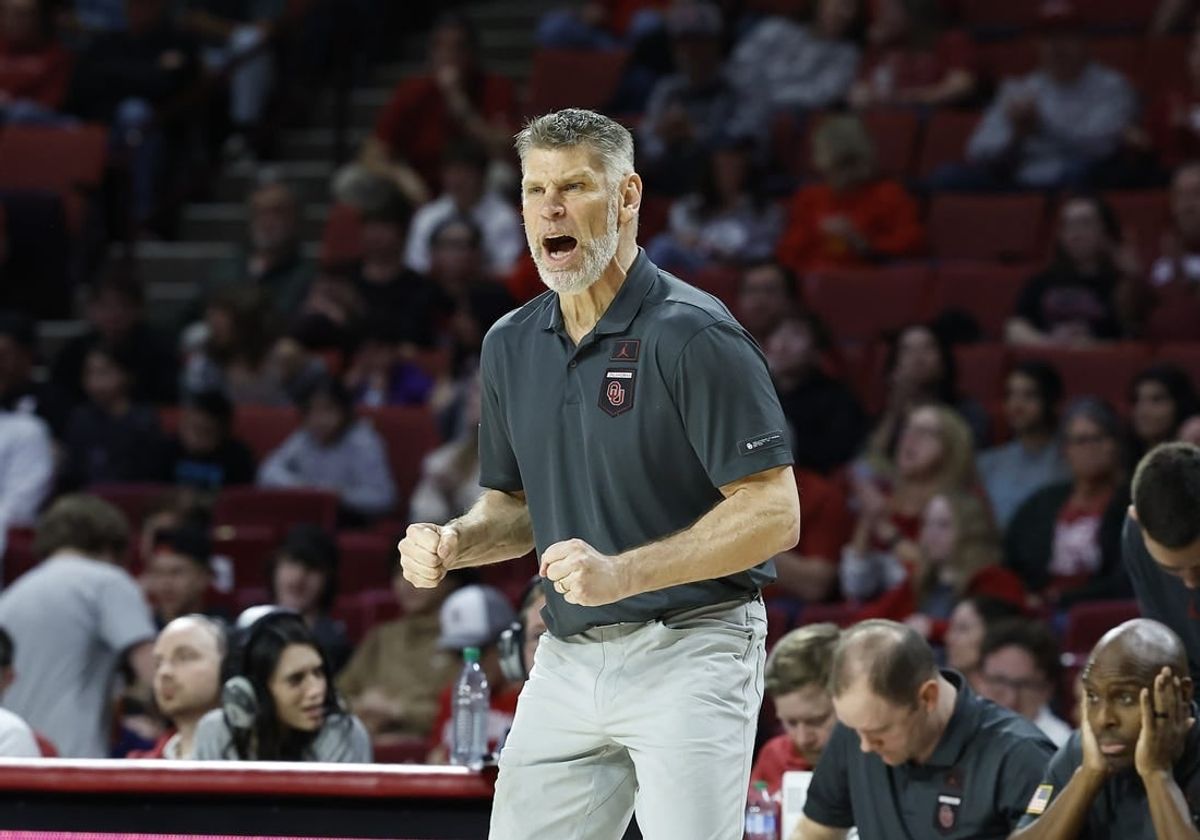 Feb 21, 2023; Norman, Oklahoma, USA; Oklahoma Sooners head coach Porter Moser reacts after a play against the Texas Tech Red Raiders during the first half at Lloyd Noble Center.