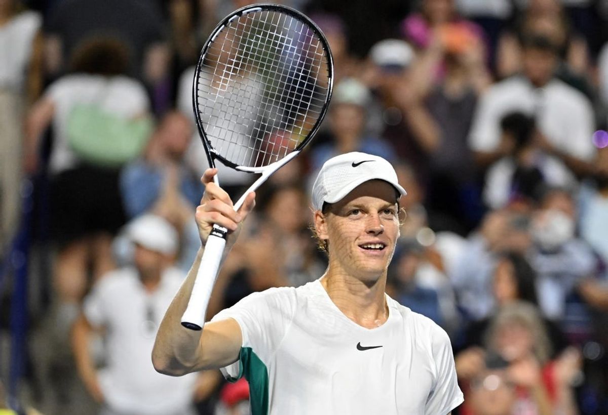 Aug 12, 2023; Toronto, Ontario, Canada; Jannik Sinner (ITA) celebrates after defeating Tommy Paul (USA) (not pictured) in semi-final play at Sobeys Stadium.