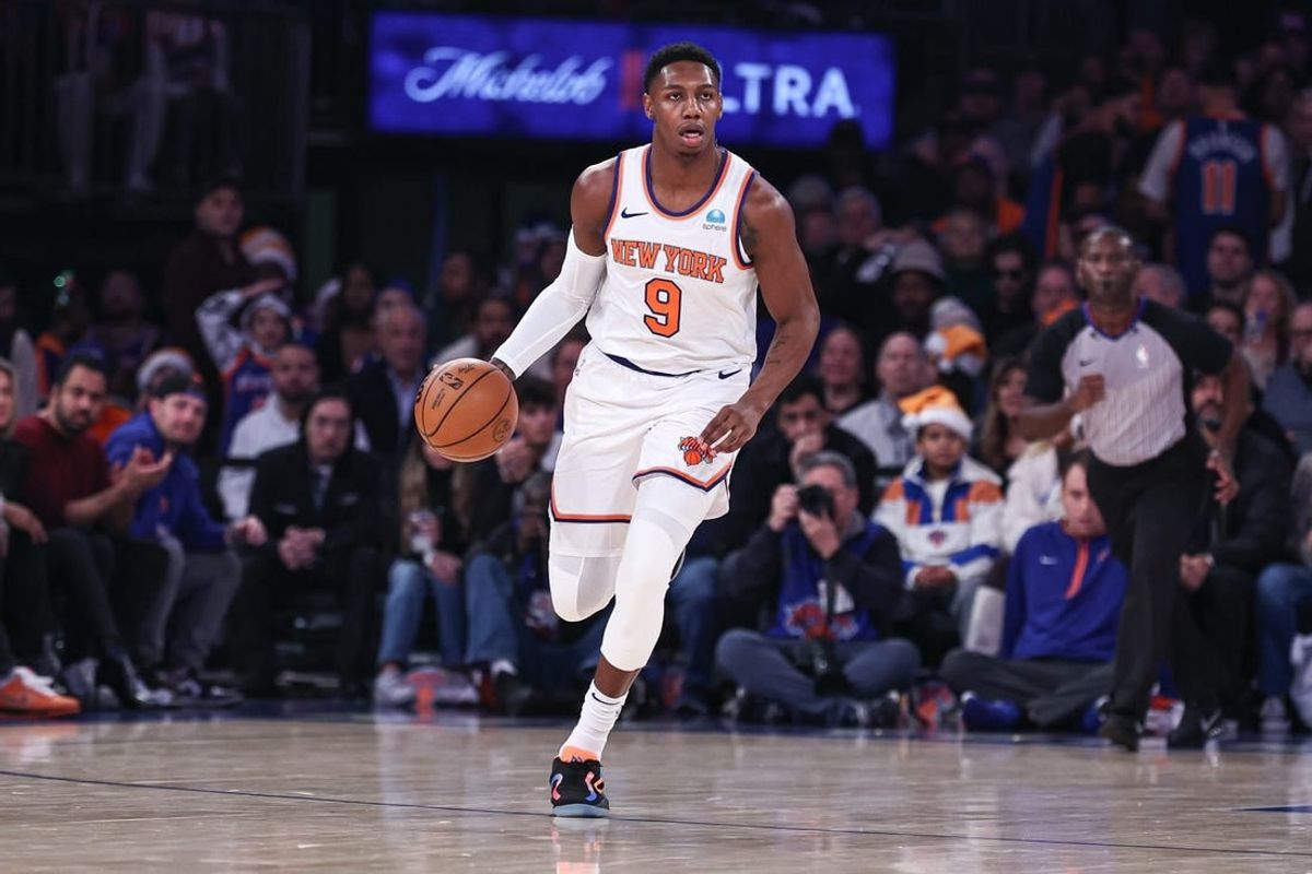 Dec 25, 2023; New York, New York, USA; New York Knicks guard RJ Barrett (9) dribbles up court during the first quarter against the Milwaukee Bucks at Madison Square Garden.