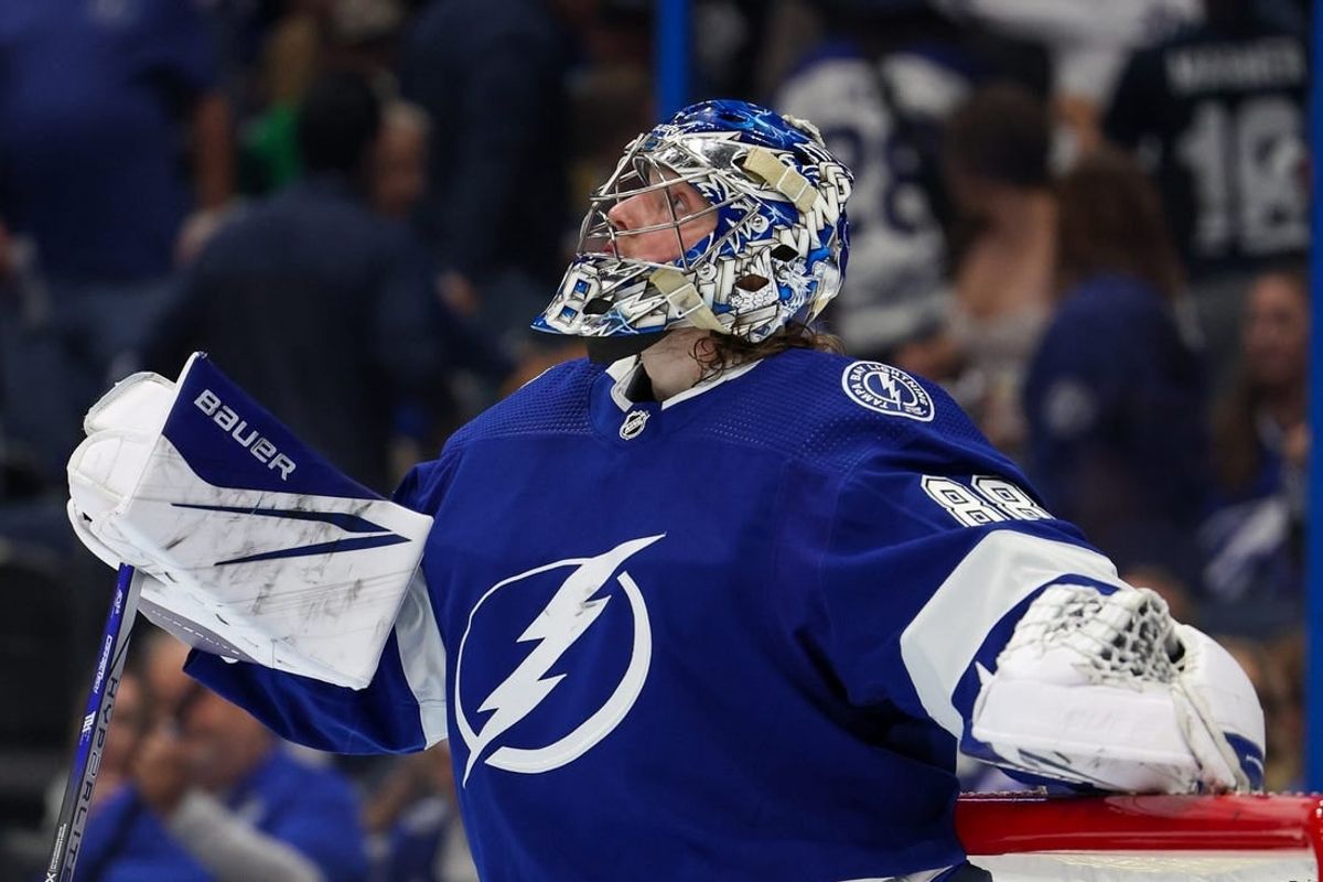Apr 29, 2023; Tampa, Florida, USA; Tampa Bay Lightning goaltender Andrei Vasilevskiy (88) reacts after losing to the Toronto Maple Leafs in overtime during game six of the first round of the 2023 Stanley Cup Playoffs at Amalie Arena.