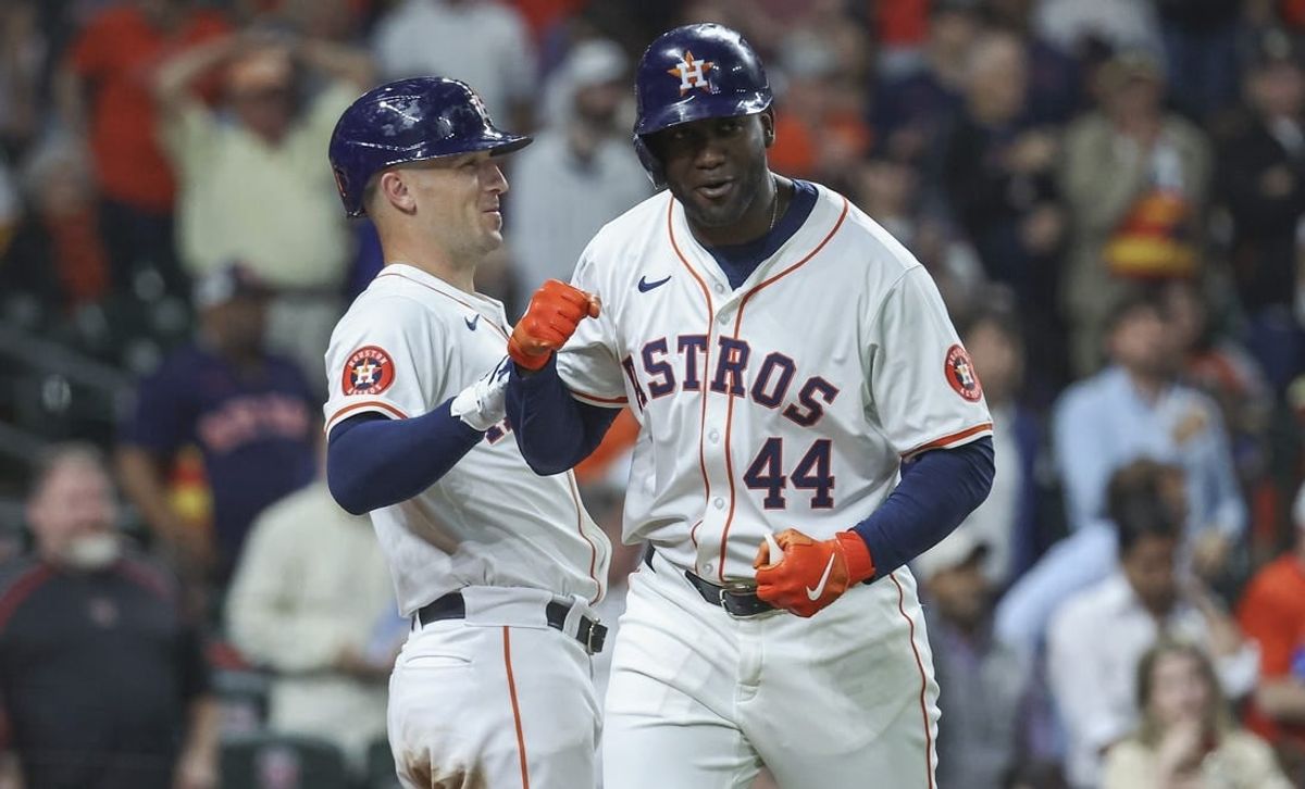 Apr 3, 2024; Houston, Texas, USA; Houston Astros left fielder Yordan Alvarez (44) celebrates with third baseman Alex Bregman (2) after hitting a home run during the sixth inning against the Toronto Blue Jays at Minute Maid Park.