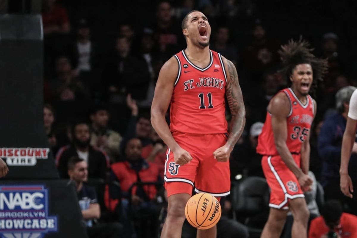 Dec 10, 2023; Brooklyn, New York, USA; St. John's Red Storm center Joel Soriano (11) celebrates after scoring in the second half against the Boston College Eagles at Barclays Center.