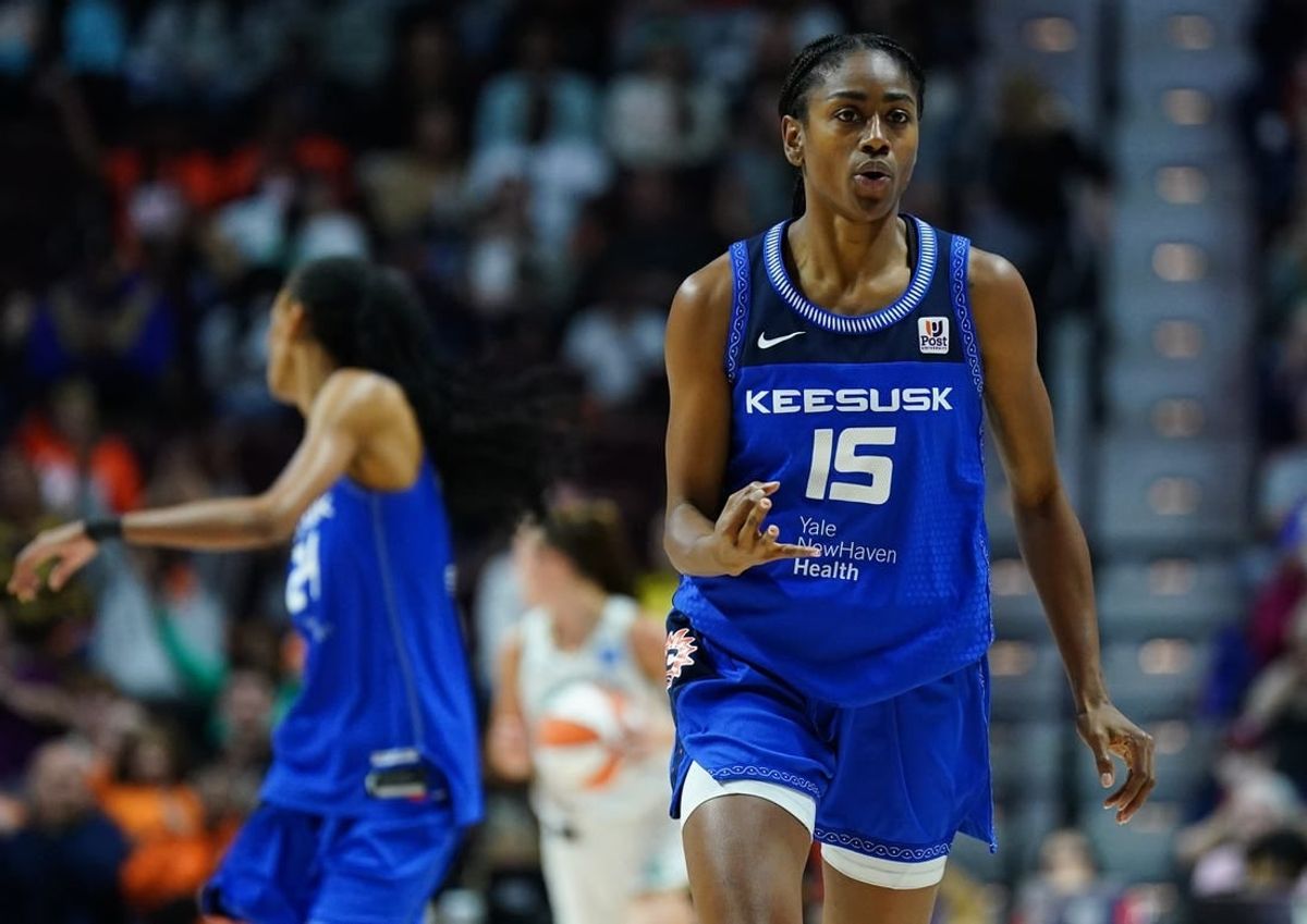 Oct 1, 2023; Uncasville, Connecticut, USA; Connecticut Sun guard Tiffany Hayes (15) reacts after her three point basket against the New York Liberty in the first half during game four of the 2023 WNBA Playoffs at Mohegan Sun Arena.