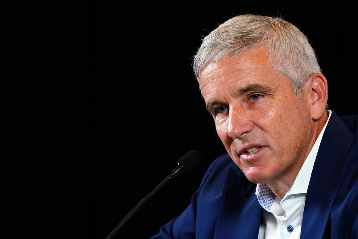 Aug 22, 2023; Atlanta, Georgia, USA; PGA Tour Commissionez  Jay Monahan addresses the media during a press conference in the Clubhouse Ballroom at East Lake Golf Club prior to Thursday   s start of the TOUR Championship golf tournament.