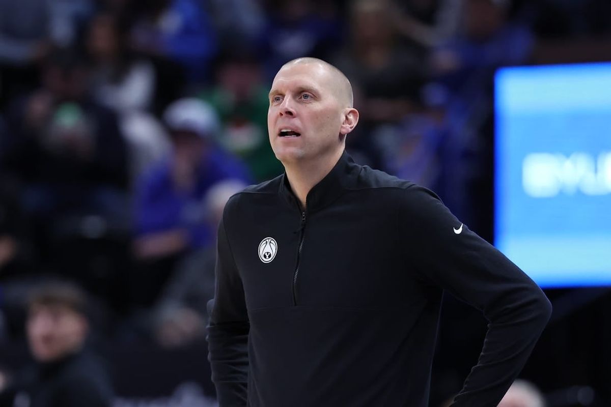 Dec 1, 2023; Salt Lake City, Utah, USA; Brigham Young Cougars head coach Mark Pope looks on against the Fresno State Bulldogs during the first half at Delta Center.