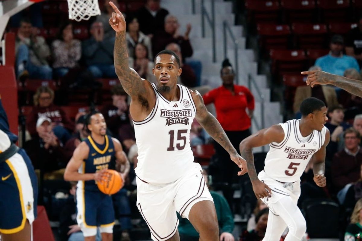 Dec 13, 2023; Starkville, Mississippi, USA; Mississippi State Bulldogs forward Jimmy Bell Jr. (15) reacts during the first half against the Murray State Racers at Humphrey Coliseum.