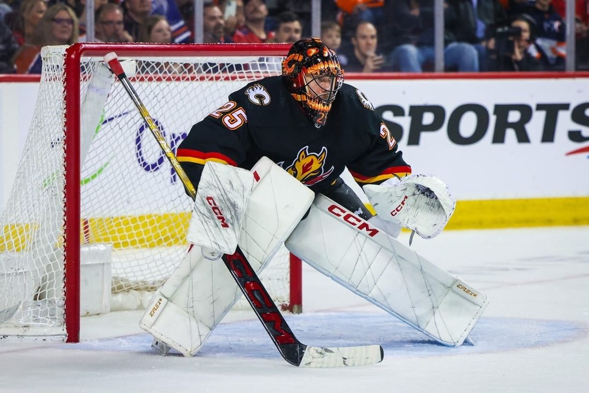Apr 6, 2024; Calgary, Alberta, CAN; Calgary Flames goaltender Jacob Markstrom (25) guards his net against the Edmonton Oilers during the third period at Scotiabank Saddledome.