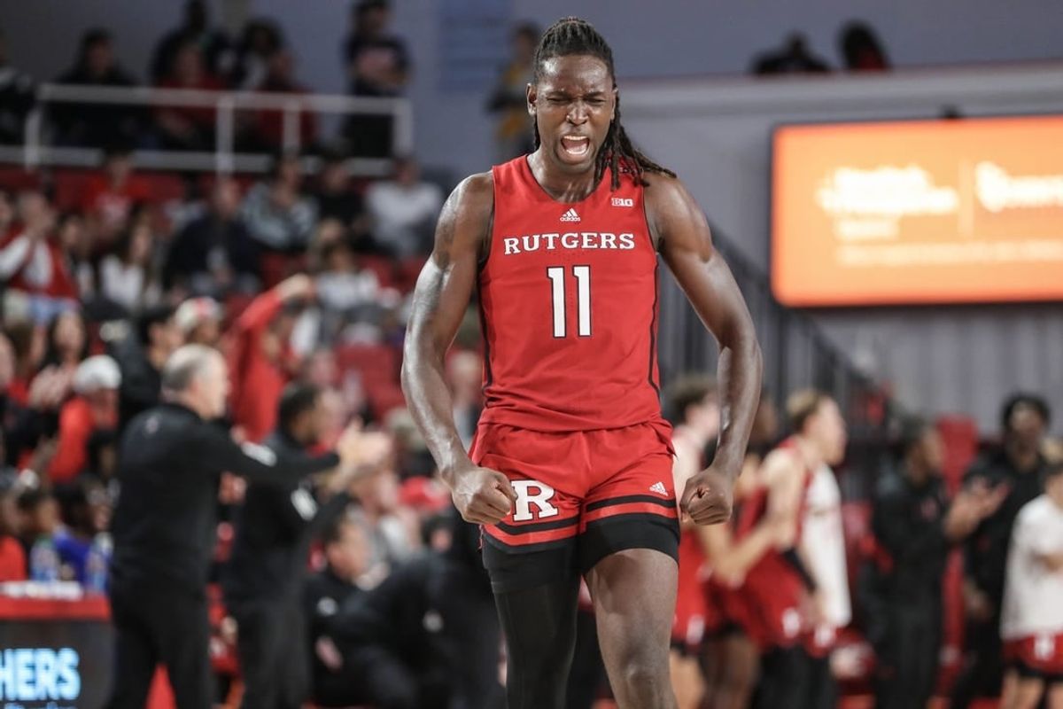 Oct 21, 2023; Queens, NY, USA;  Rutgers Scarlet Knights center Clifford Omoruyi (11) reacts after the St. John's Red Storm call a time out in the second half at Carnesecca Arena.