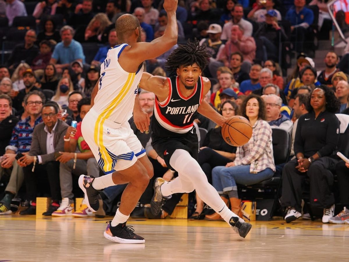 Dec 6, 2023; San Francisco, California, USA; Portland Trail Blazers guard Shaedon Sharpe (17) drives in against Golden State Warriors guard Chris Paul (3) during the second quarter at Chase Center.