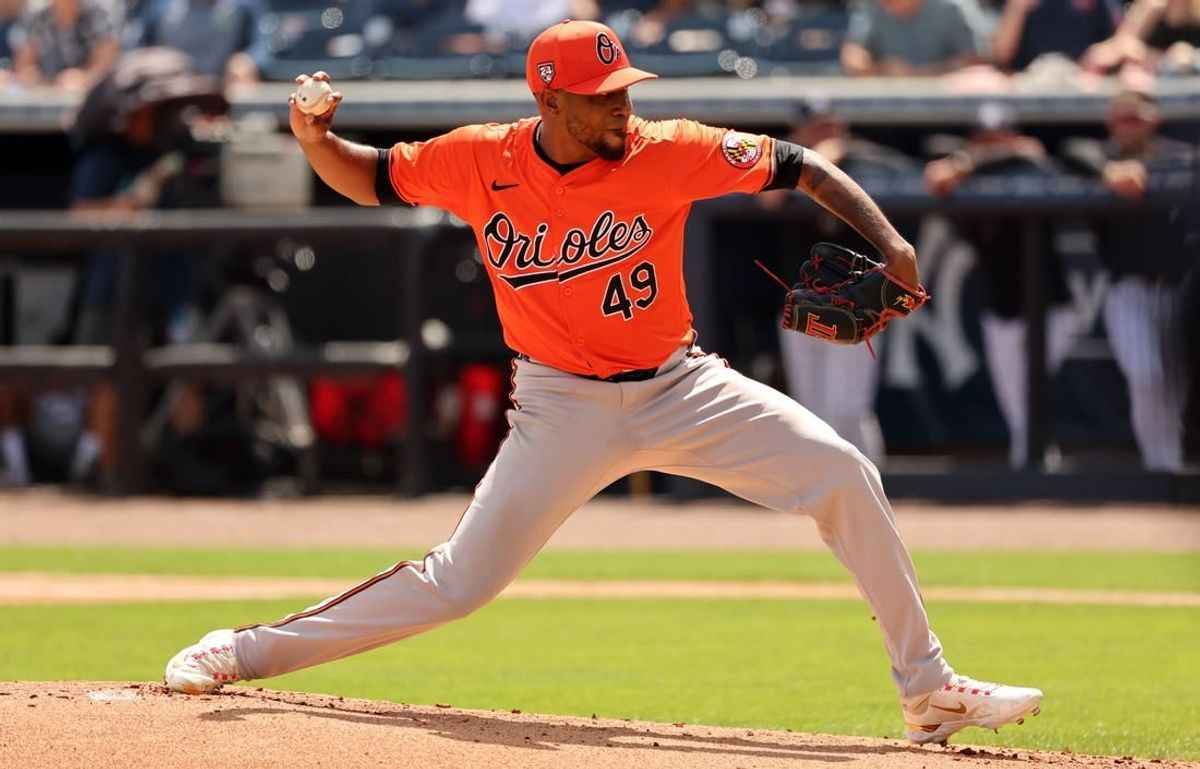 Mar 11, 2024; Tampa, Florida, USA; Baltimore Orioles pitcher Julio Teheran (49) throws a pitch during the first inning against the New York Yankees at George M. Steinbrenner Field.