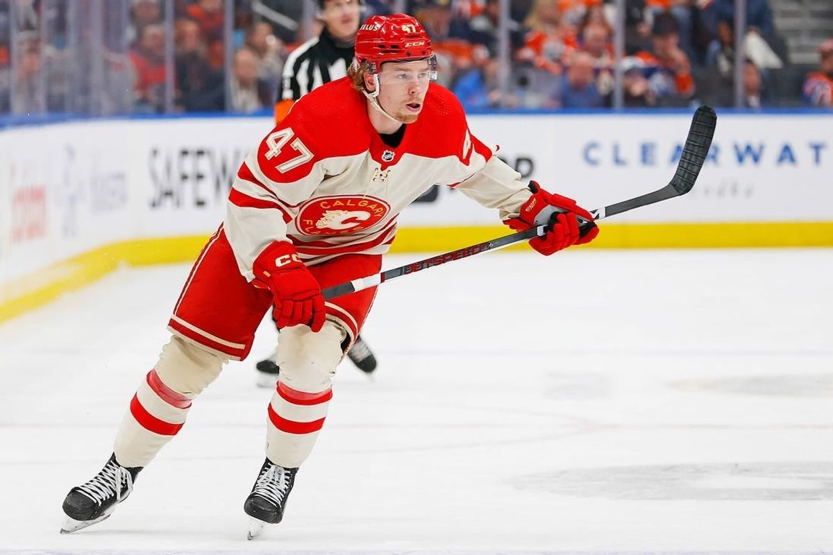 Feb 24, 2024; Edmonton, Alberta, CAN; Calgary Flames forward Connor Zary (47) against the Edmonton Oilers at Rogers Place.