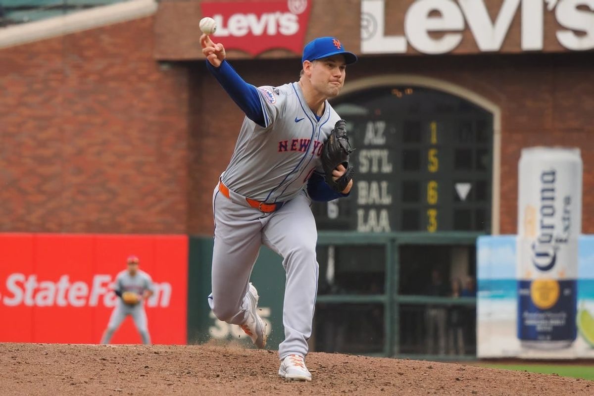 Apr 24, 2024; San Francisco, California, USA; New York Mets relief pitcher Adam Ottavino (0) pitches the ball against the San Francisco Giants during the eighth inning at Oracle Park.