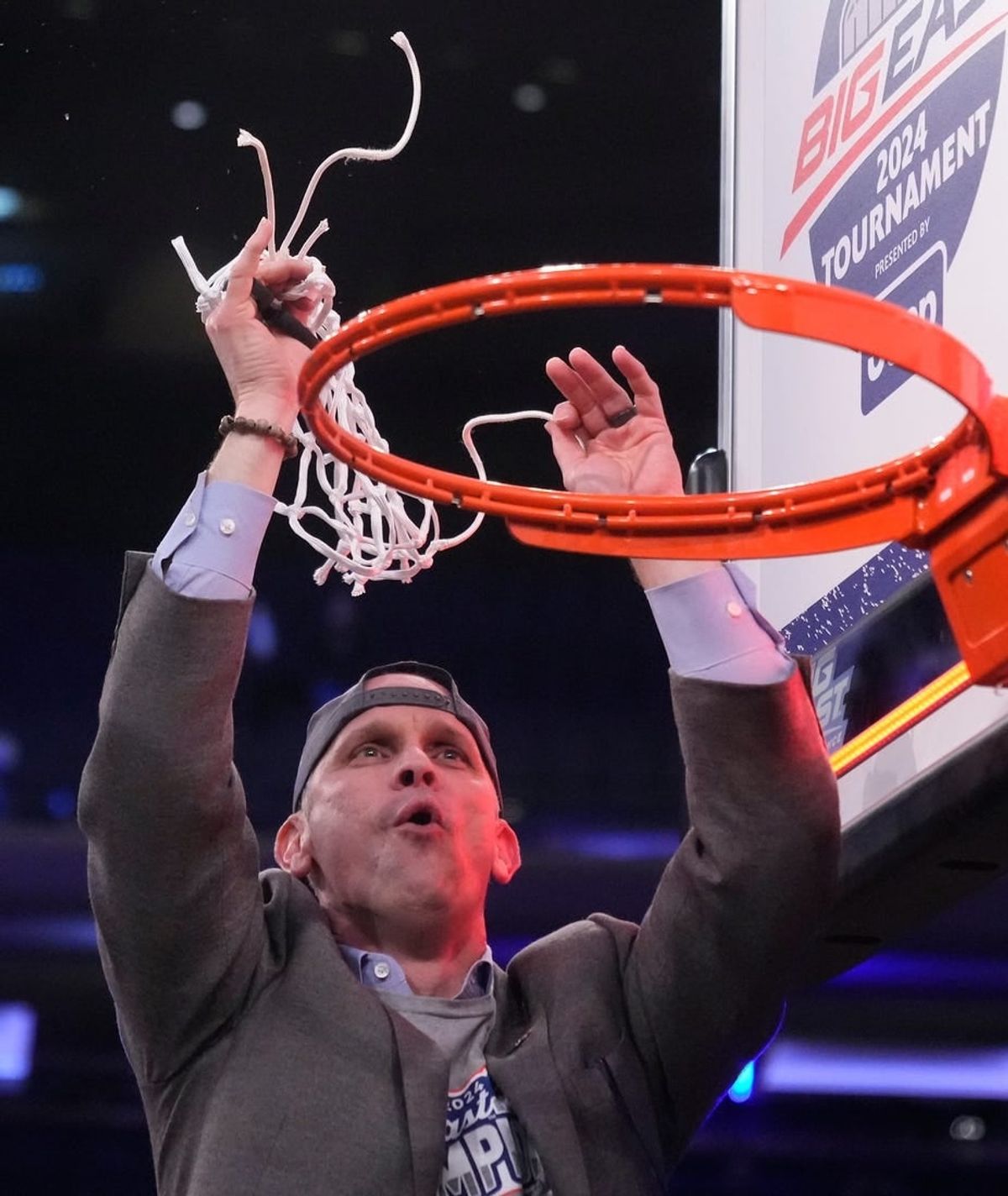 Mar 16, 2024; New York City, NY, USA;  Connecticut Huskies head coach Dan Hurley celebrates the win over Marquette Golden Eagles at Madison Square Garden.