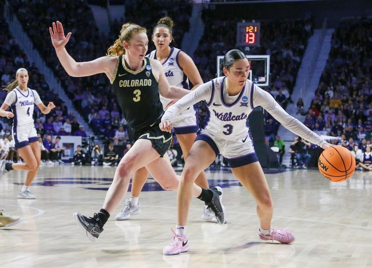 Mar 24, 2024; Manhattan, Kansas, USA; Kansas State Wildcats guard Jaelyn Glenn (3) dribbles against Colorado Buffaloes guard Frida Formann (3) during the first quarter at Bramlage Coliseum.