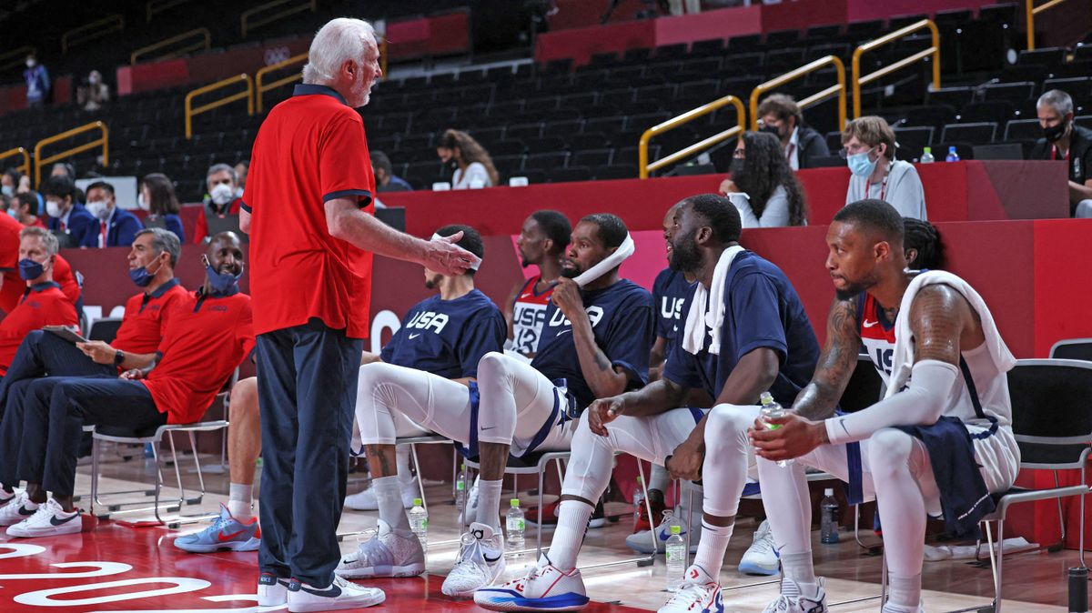 Coach Gregg Popovich gives Team USA a pep talk.