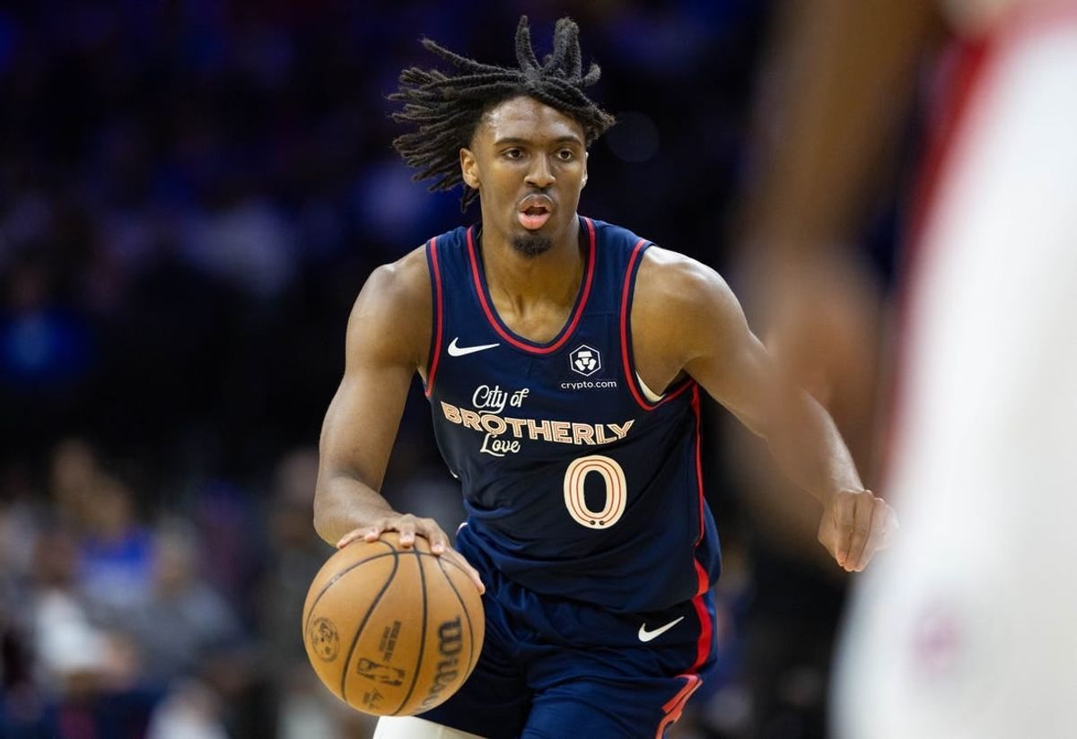 Mar 27, 2024; Philadelphia, Pennsylvania, USA; Philadelphia 76ers guard Tyrese Maxey (0) dribbles the ball against the LA Clippers during the second quarter at Wells Fargo Center.