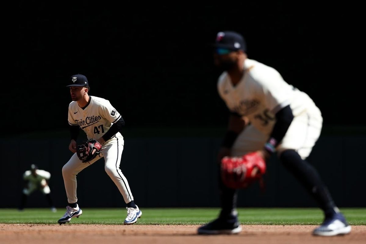 Apr 25, 2024; Minneapolis, Minnesota, USA; Minnesota Twins second baseman Edouard Julien (47) readies for play against the Chicago White Sox during the third inning at Target Field.