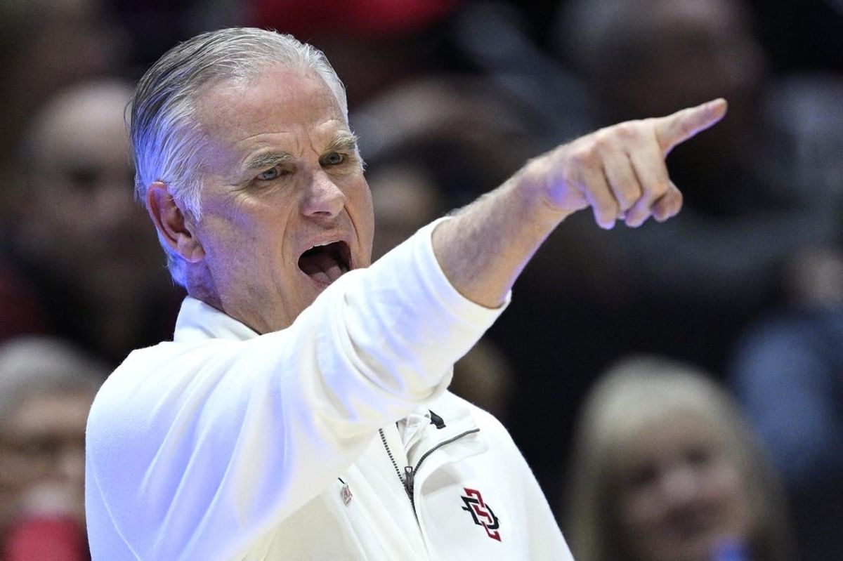 Nov 27, 2023; San Diego, California, USA; San Diego State Aztecs head coach Brian Dutcher gestures during the second half against the Point Loma Nazarene Sea Lions at Viejas Arena.