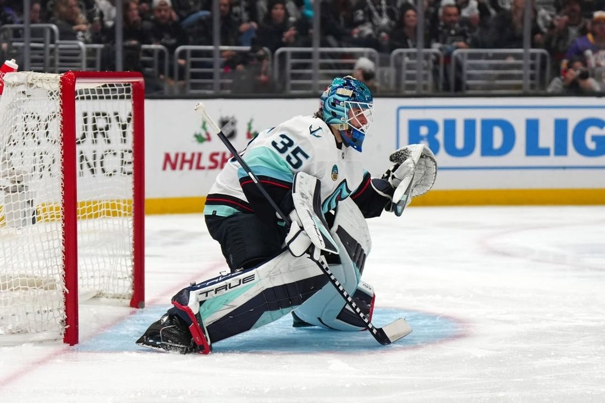 Dec 20, 2023; Los Angeles, California, USA; Seattle Kraken goaltender Joey Daccord (35) defends the goal against the LA Kings in the second period at Crypto.com Arena.