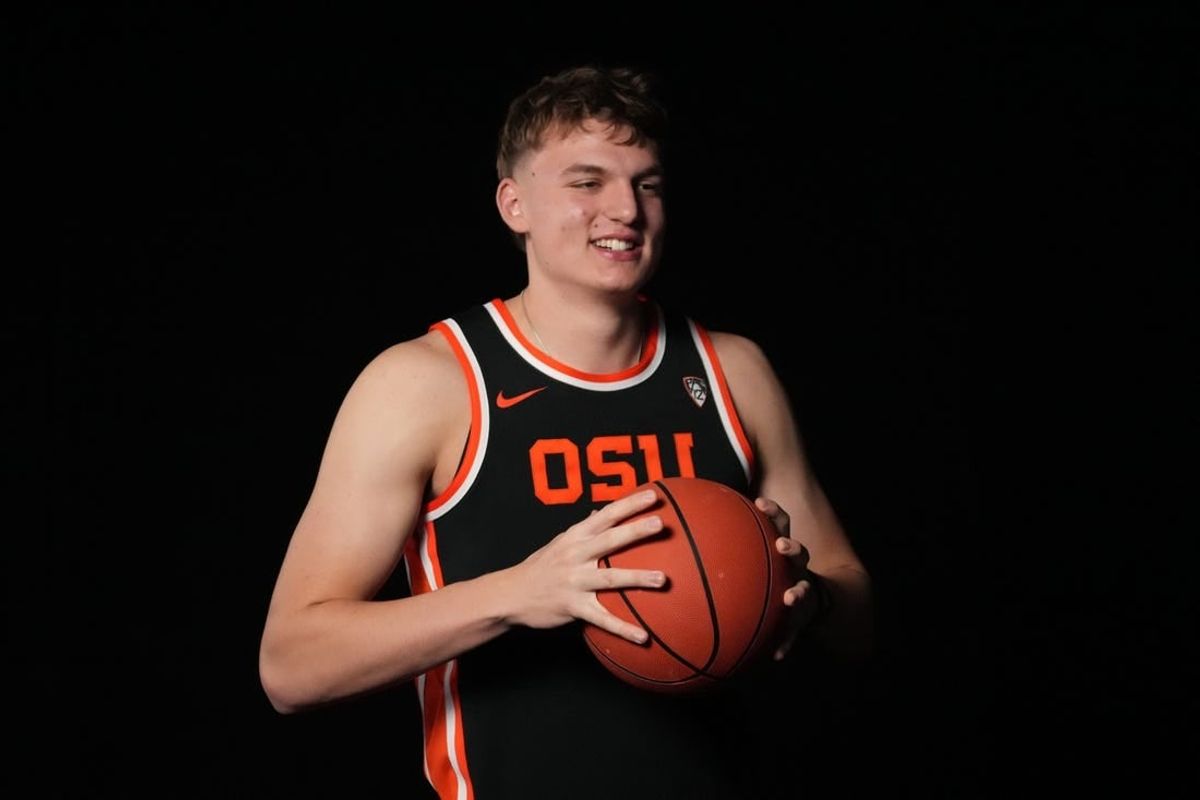 Oct 11, 2023; Las Vegas, NV, USA; Oregon State Beavers forward Tyler Bilodeau (34) poses during Pac-12 Media Day at Park MGM Las Vegas Conference Center.