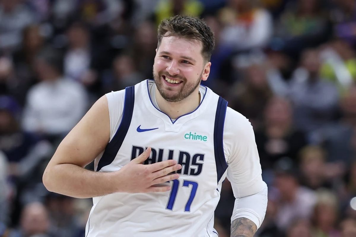 Mar 25, 2024; Salt Lake City, Utah, USA; Dallas Mavericks guard Luka Doncic (77) reacts to a play against the Utah Jazz during the fourth quarter at Delta Center.