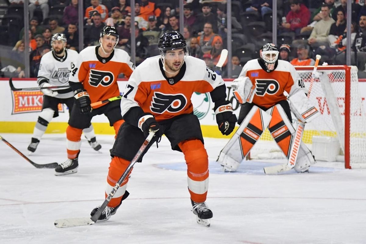Nov 4, 2023; Philadelphia, Pennsylvania, USA; Philadelphia Flyers left wing Noah Cates (27) against the Los Angeles Kings at Wells Fargo Center.