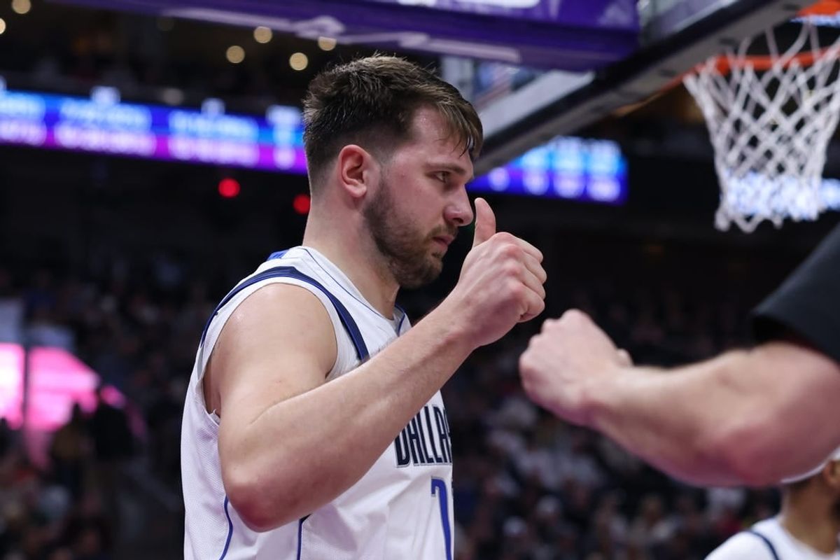 Mar 25, 2024; Salt Lake City, Utah, USA; Dallas Mavericks guard Luka Doncic (77) reacts to a call for the Utah Jazz during the third quarter at Delta Center.