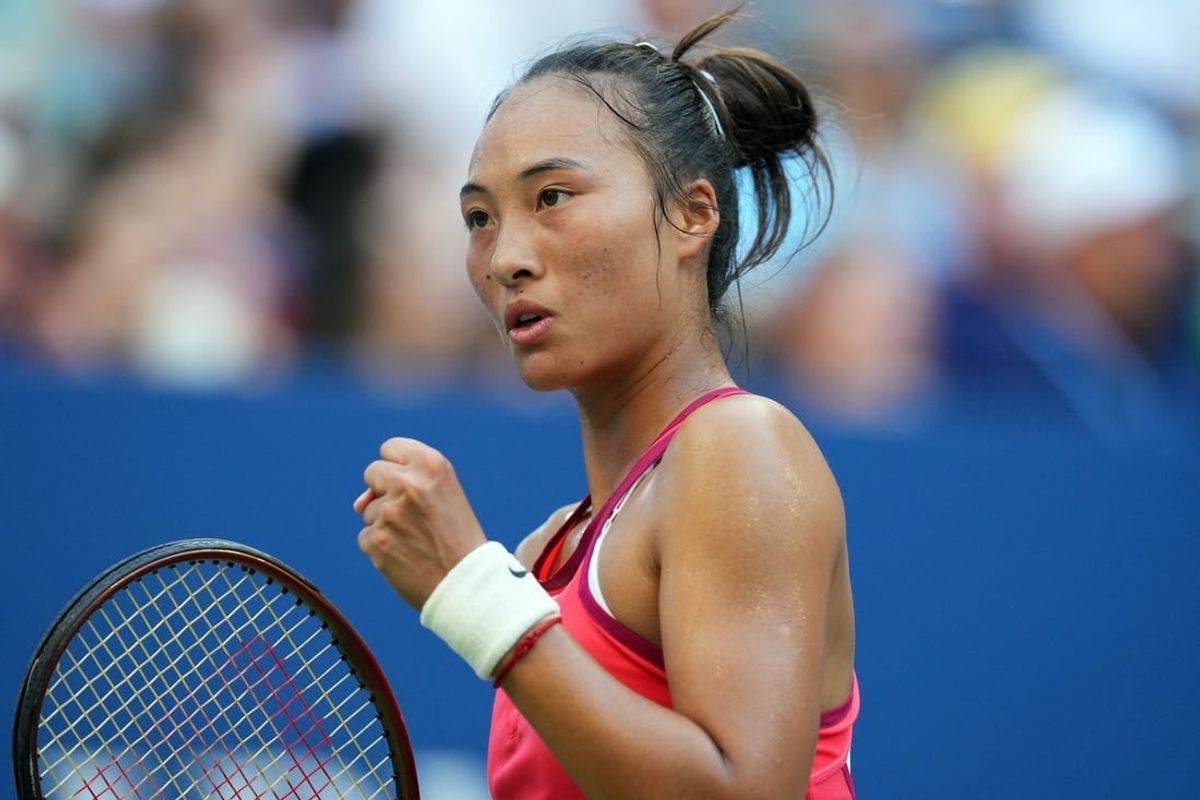 Sep 4, 2023; Flushing, NY, USA; Qinwen Zheng of China reacts after winning a point against Ons Jabeur of Tunisia on day eight of the 2023 U.S. Open tennis tournament at USTA Billie Jean King National Tennis Center.