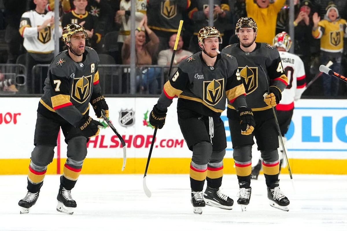 Dec 17, 2023; Las Vegas, Nevada, USA; Vegas Golden Knights center Jack Eichel (9) skates back to the bench after scoring a goal against the Ottawa Senators during the first period at T-Mobile Arena.