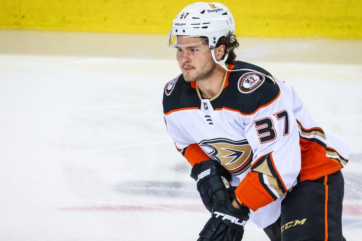 Apr 2, 2023; Calgary, Alberta, CAN; Anaheim Ducks center Mason McTavish (37) skates during the warmup period against the Calgary Flames at Scotiabank Saddledome.