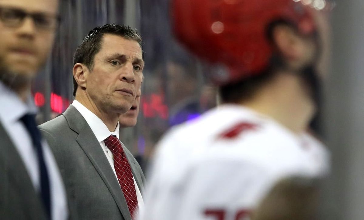 Jan 2, 2024; New York, New York, USA; Carolina Hurricanes head coach Rod Brind'Amour watches his team against the New York Rangers during the third period at Madison Square Garden.