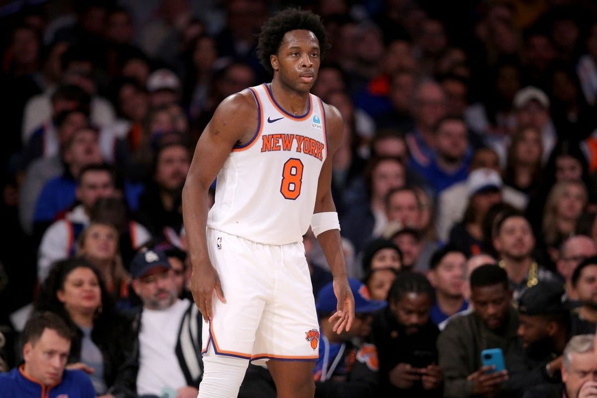 Jan 3, 2024; New York, New York, USA; New York Knicks forward OG Anunoby (8) during the fourth quarter against the Chicago Bulls at Madison Square Garden.