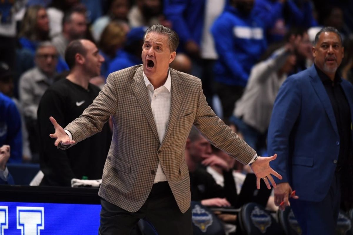 Mar 15, 2024; Nashville, TN, USA; Kentucky Wildcats head coach John Calipari reacts on the sideline during the second half against the Texas A&M Aggies at Bridgestone Arena.