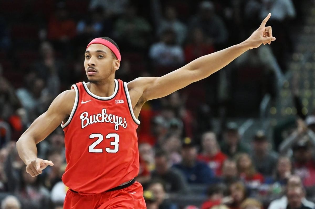 Dec 30, 2023; Cleveland, Ohio, USA; Ohio State Buckeyes forward Zed Key (23) celebrates after a basket during the second half against the West Virginia Mountaineers at Rocket Mortgage FieldHouse.