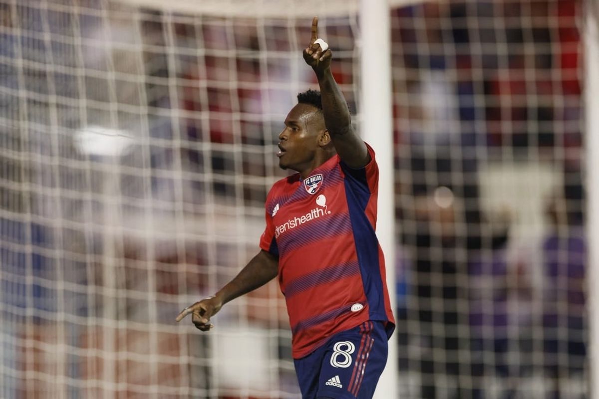 Nov 4, 2023; Frisco, Texas, USA; FC Dallas forward Jader Obrian (8) celebrates after scoring a goal during the second half of game two against Seattle Sounders in a round one match of the 2023 MLS Cup Playoffs at Toyota Stadium.