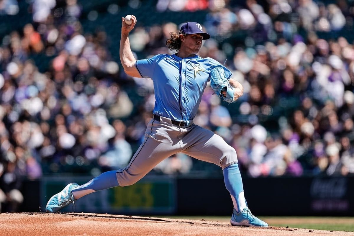 Apr 7, 2024; Denver, Colorado, USA; Tampa Bay Rays starting pitcher Ryan Pepiot (44) pitches in the first inning against the Colorado Rockies at Coors Field.