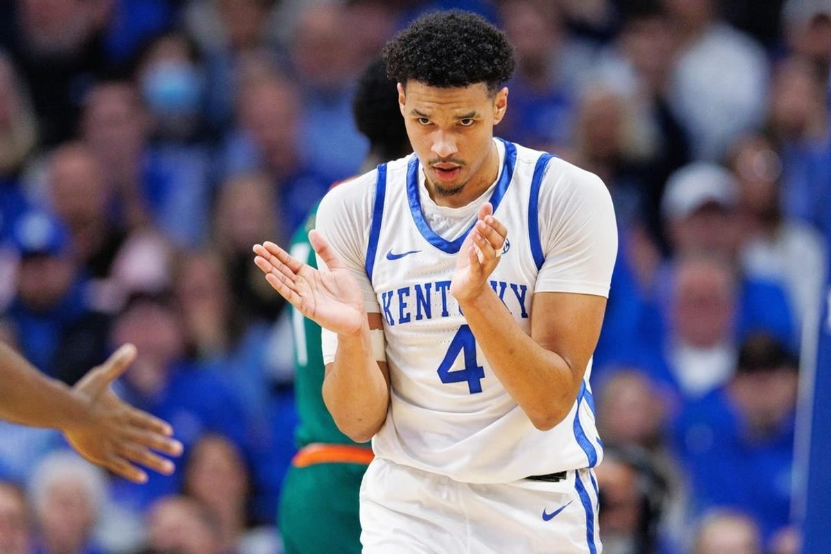 Nov 28, 2023; Lexington, Kentucky, USA; Kentucky Wildcats forward Tre Mitchell (4) reacts during the first half against the Miami (Fl) Hurricanes at Rupp Arena at Central Bank Center.