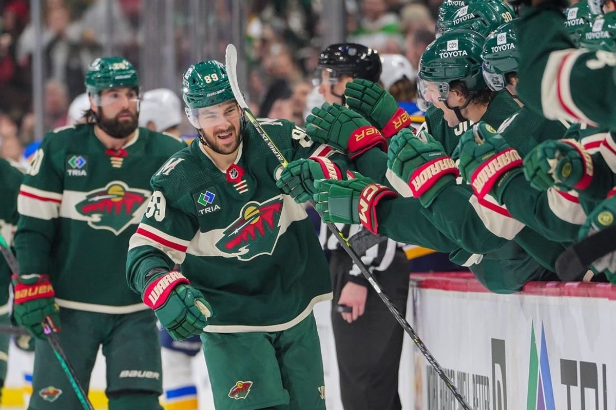 Nov 28, 2023; Saint Paul, Minnesota, USA; Minnesota Wild center Frederick Gaudreau (89) celebrates his goal against the St. Louis Blues in the first period at Xcel Energy Center.