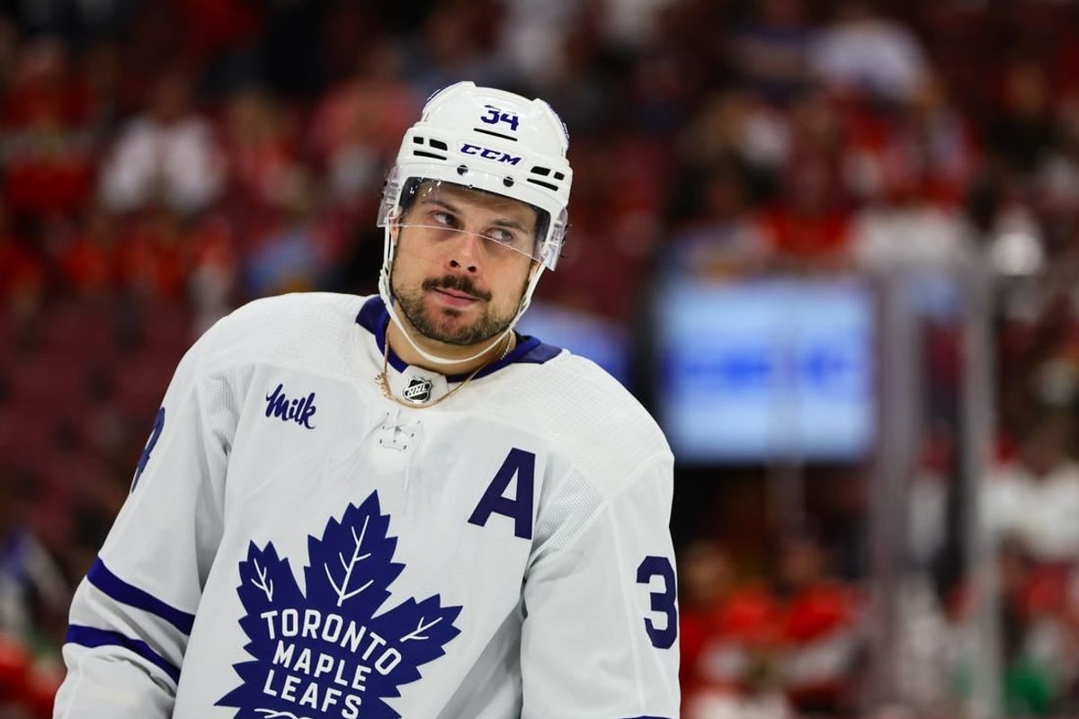 Apr 16, 2024; Sunrise, Florida, USA; Toronto Maple Leafs center Auston Matthews (34) looks on against the Florida Panthers during the third period at Amerant Bank Arena.